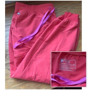Figs Red Scrub Pants with Purple Drawstring